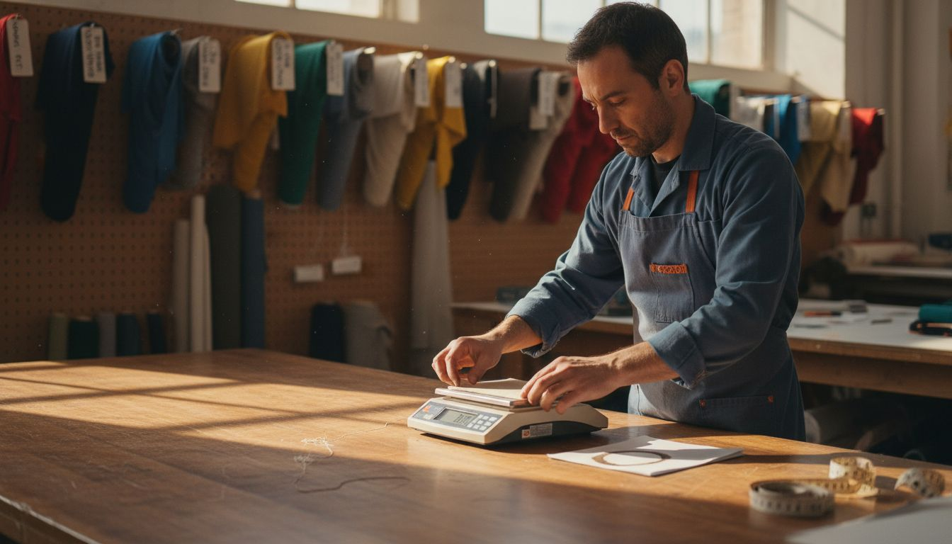Technician measures fabric GSM in workshop