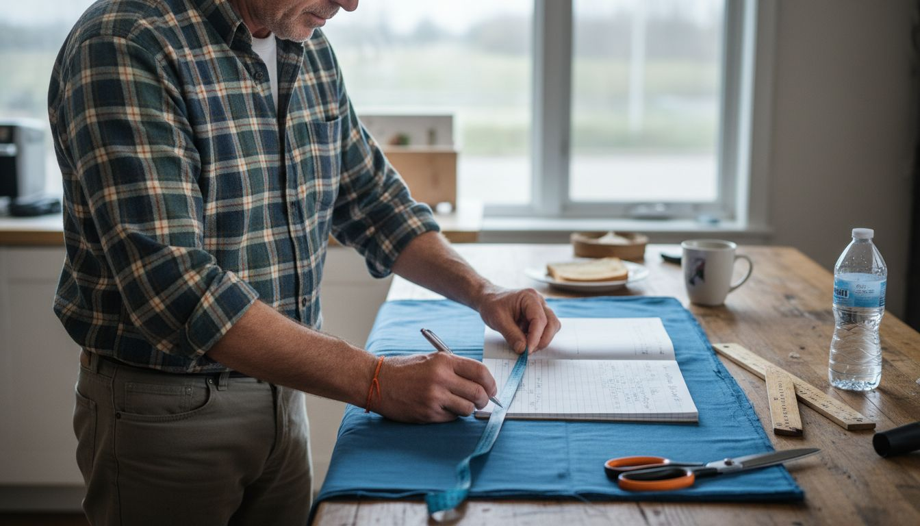 Man measuring fabric with notebook and tools