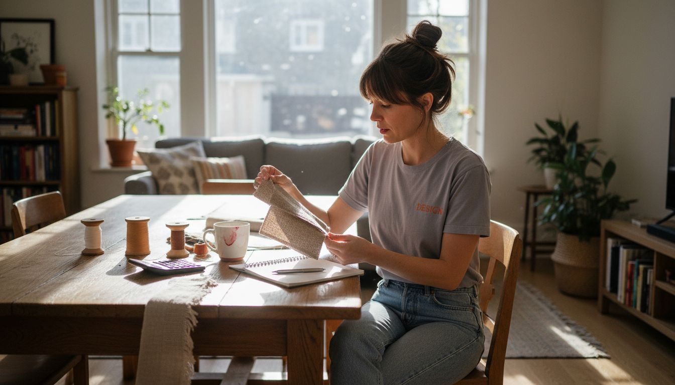 Woman reviewing fabric swatches at home table