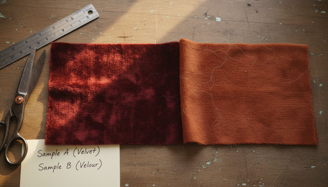 Velvet and velour swatches showing sheen difference