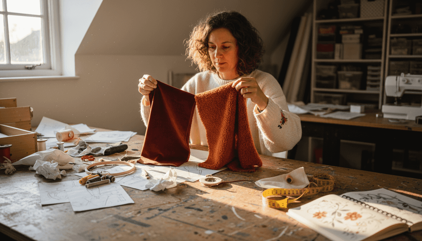 Crafter comparing velvet and velour fabric swatches