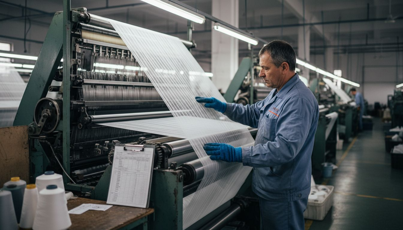 Worker checking nylon tulle at loom