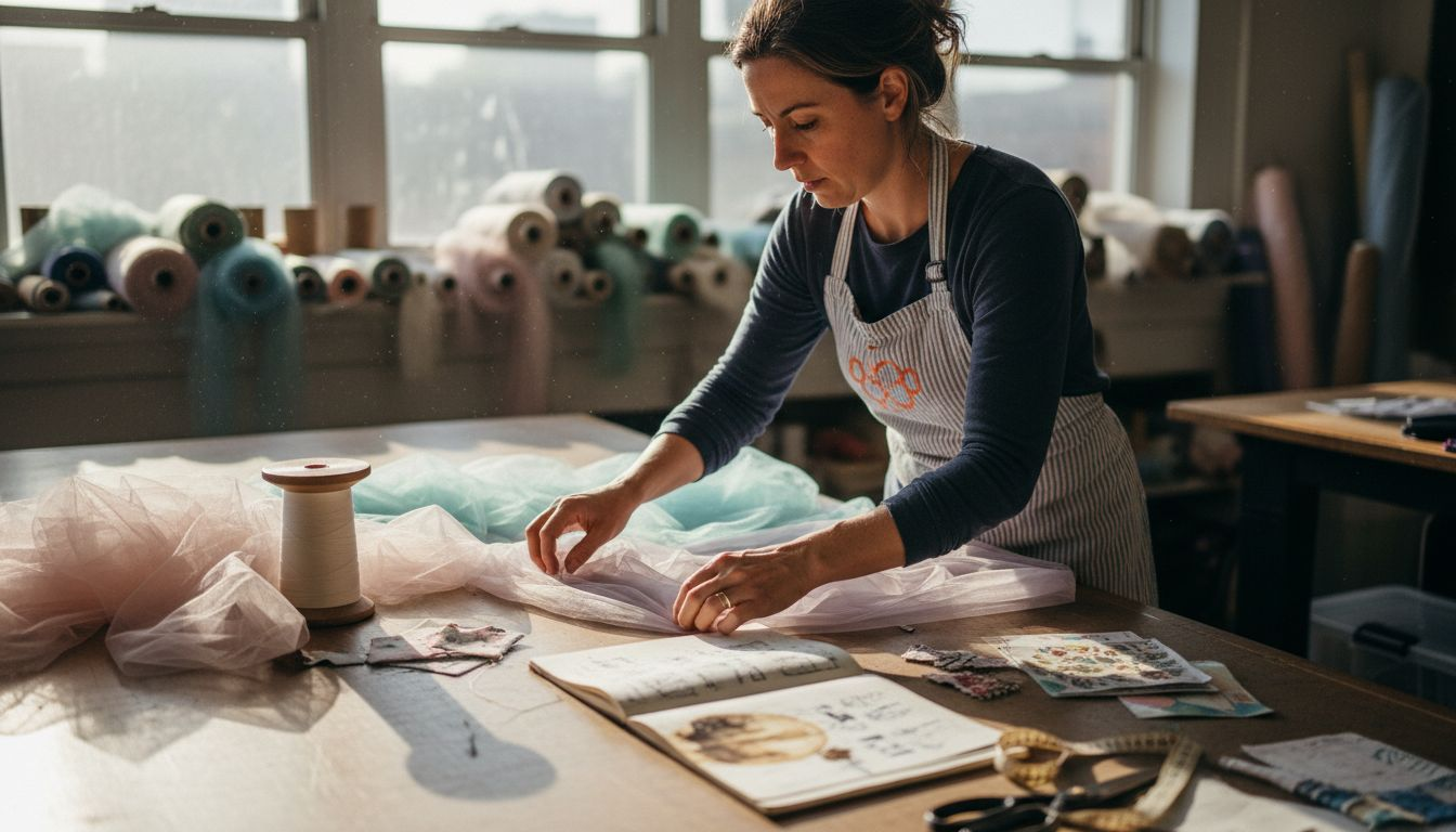 Designer sorting tulle samples in sunlight