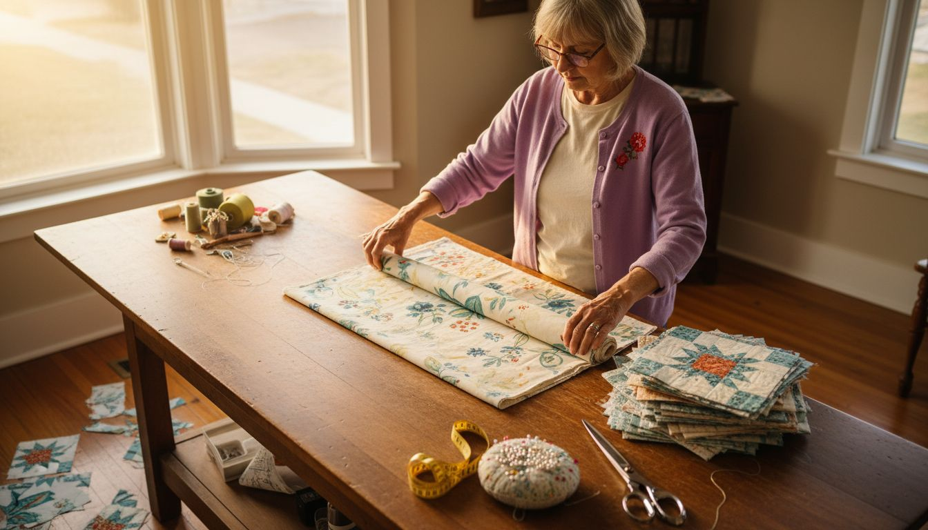Quilter choosing backing fabric in bright sewing room