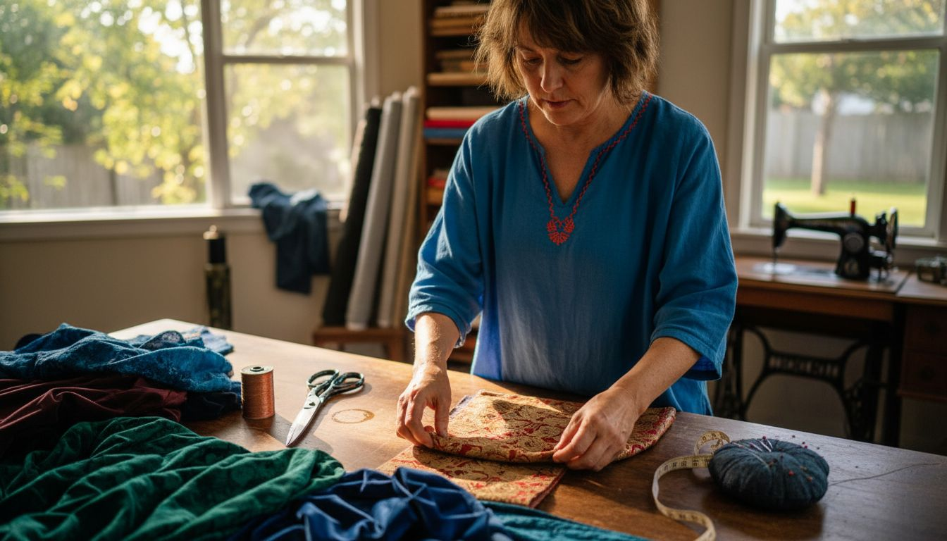 Crafter arranging brocade samples in sunlight