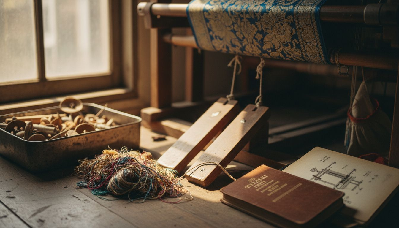 Weaving loom creating brocade pattern detail