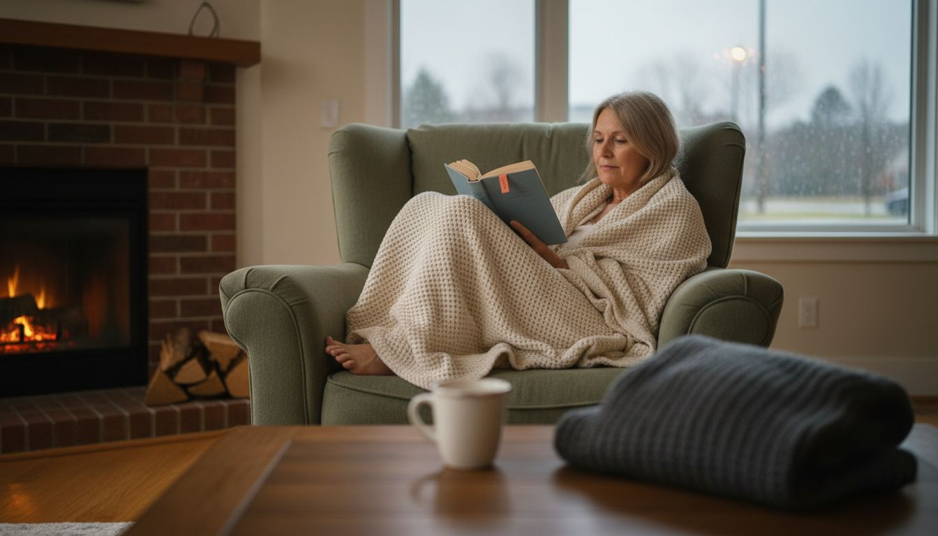 Woman with thermal blanket by fireplace