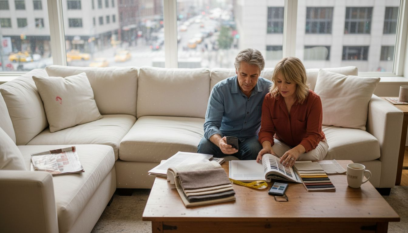 Couple choosing sofa fabrics with samples