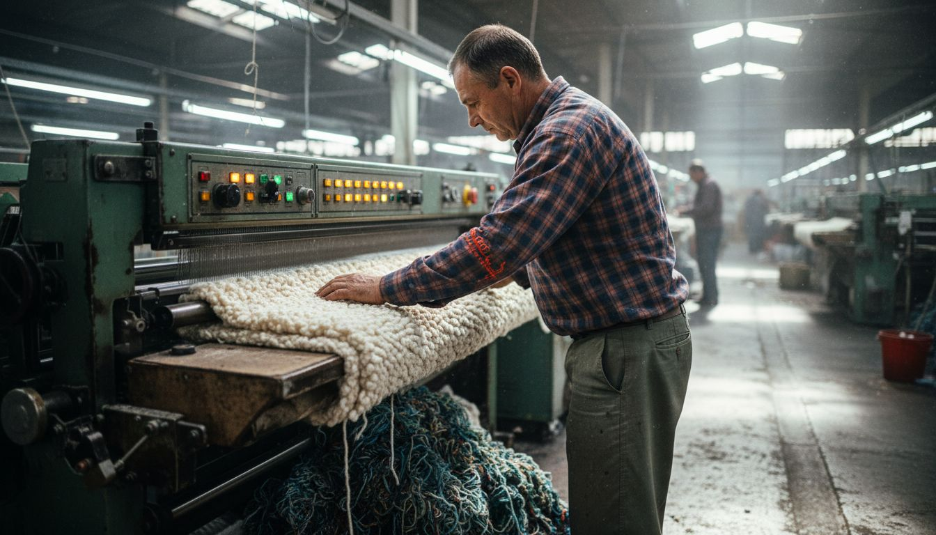Worker checking looped pile fabric output