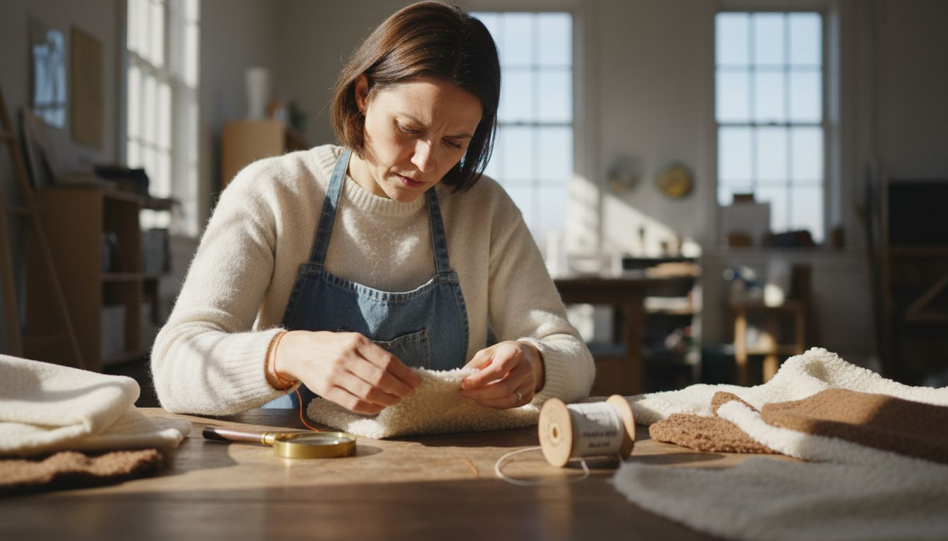 Crafter examining pile fabric swatches
