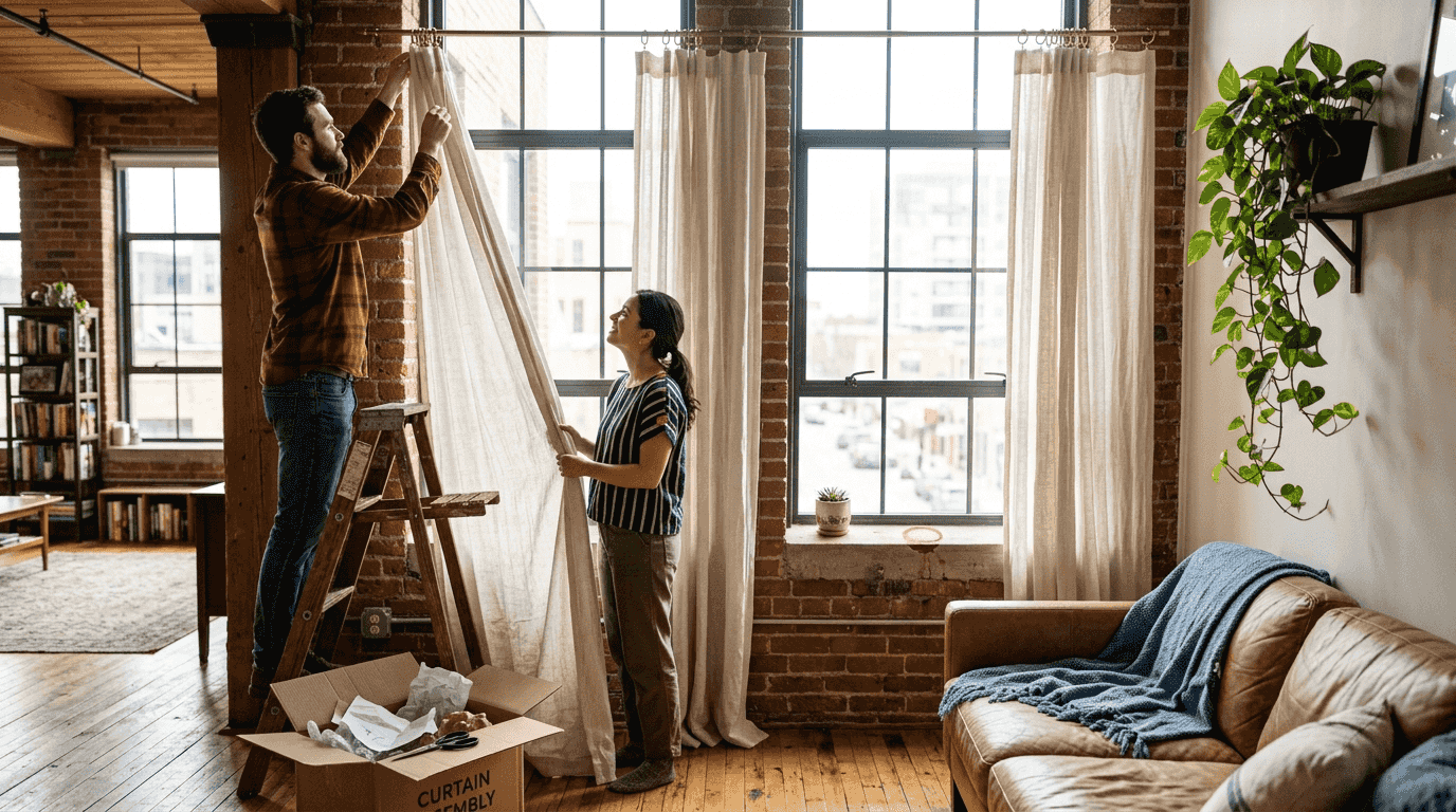 Couple hanging linen drapes in urban loft