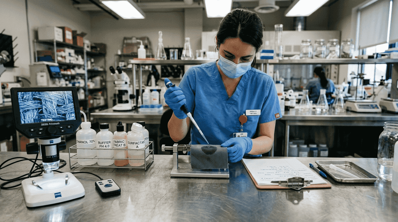 Lab technician testing antimicrobial fabric sample