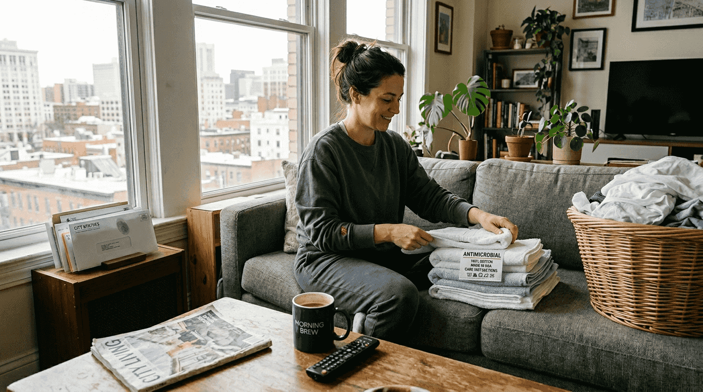 Woman folding antimicrobial towels on city sofa