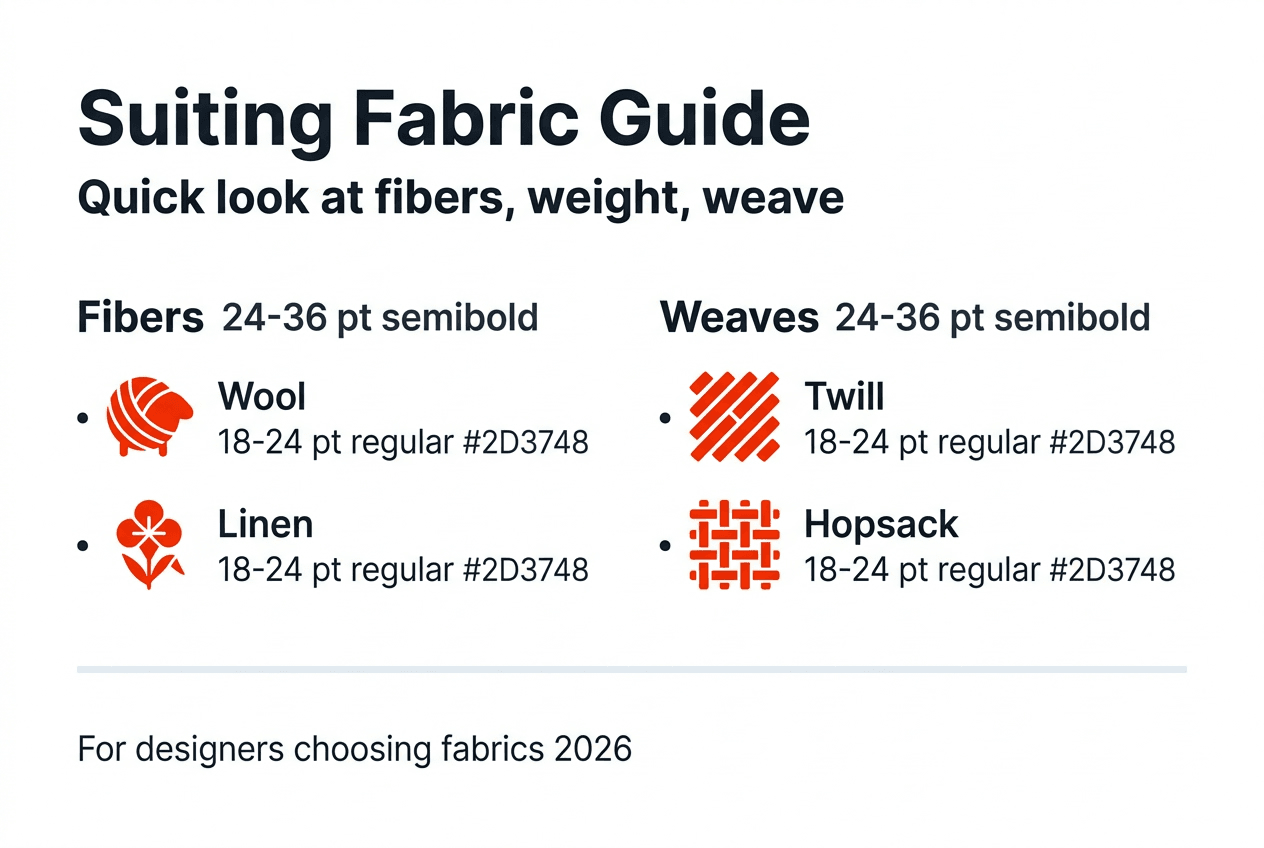 Infographic comparing suit fabric fibers and weaves