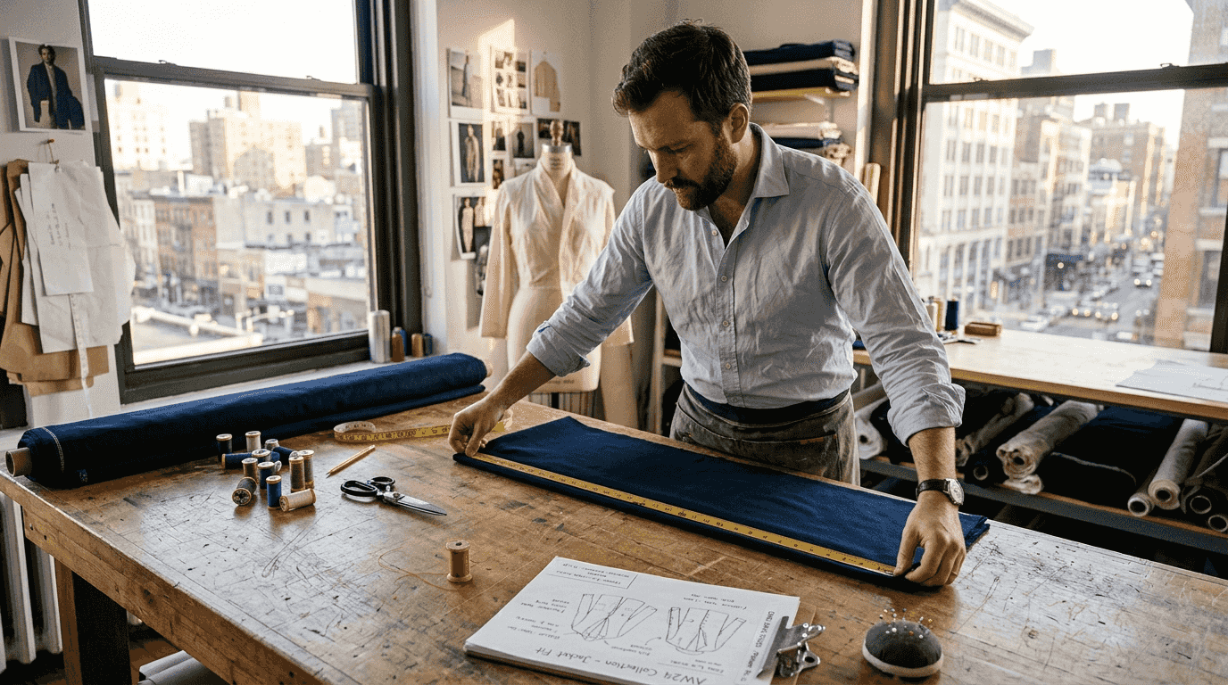 Designer measuring wool fabric in studio