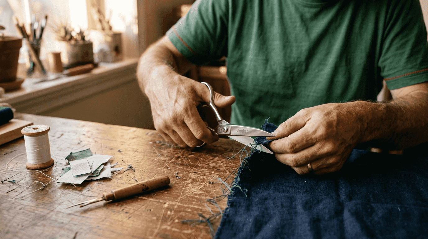Hands trimming frayed fabric edges at craft table