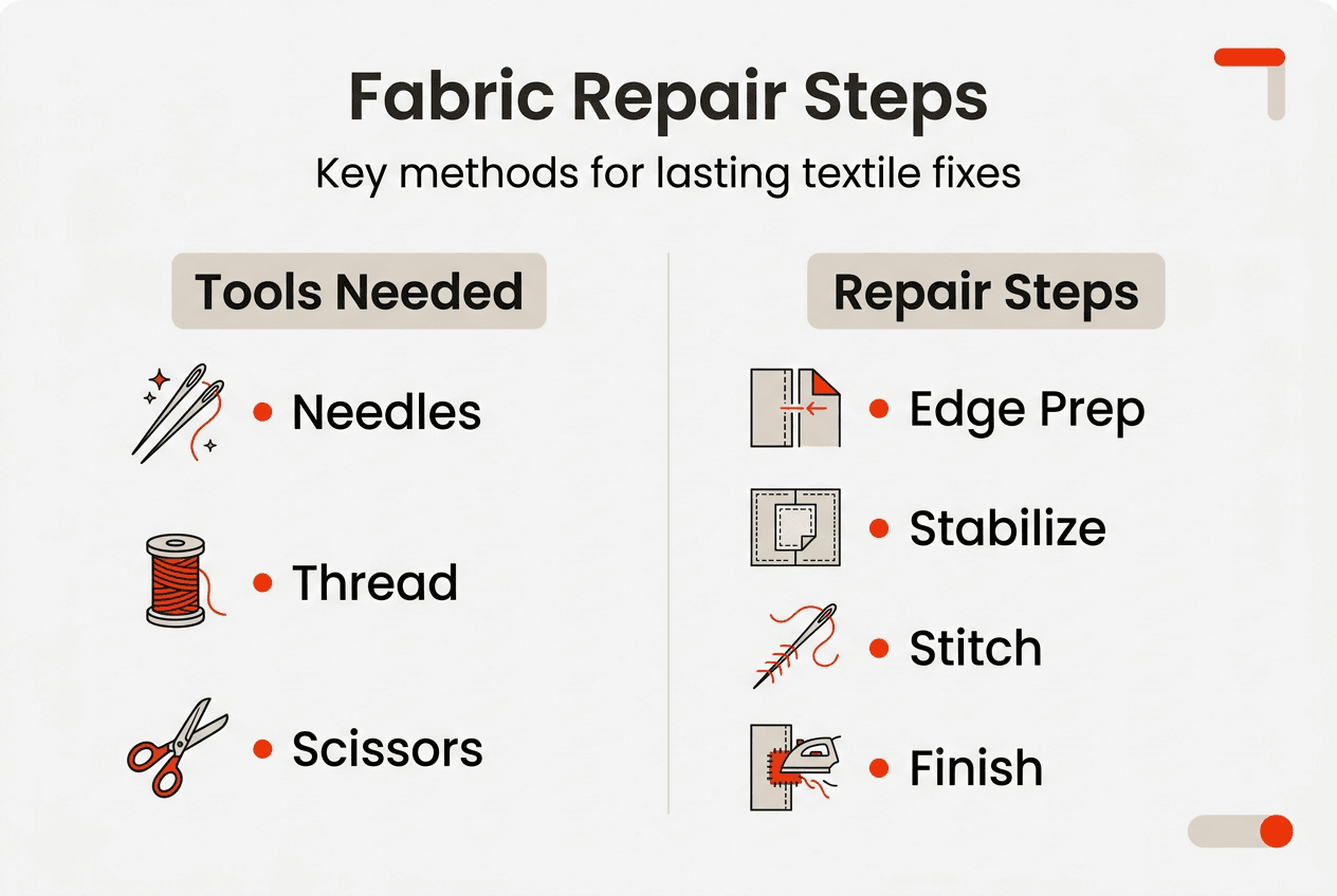 Infographic of fabric repair steps and tools
