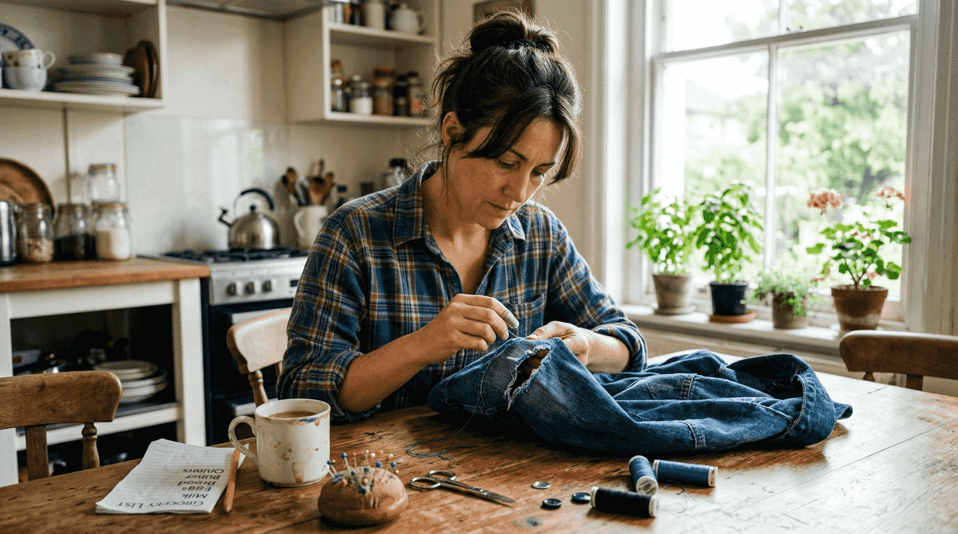 Woman repairing torn denim jacket at kitchen table