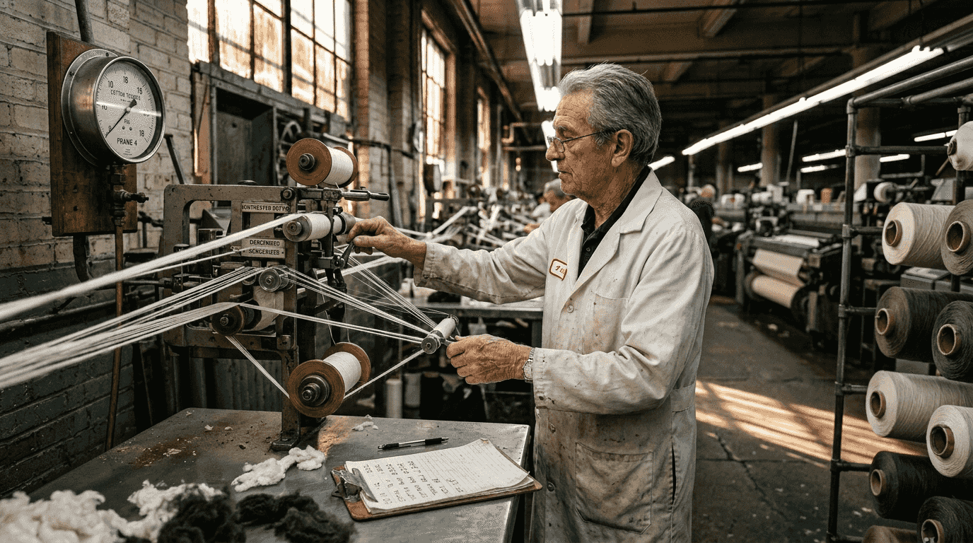 Technician monitoring mercerized cotton fibers