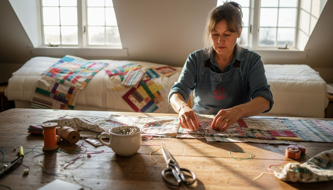 Crafter organizing woven fabric swatches