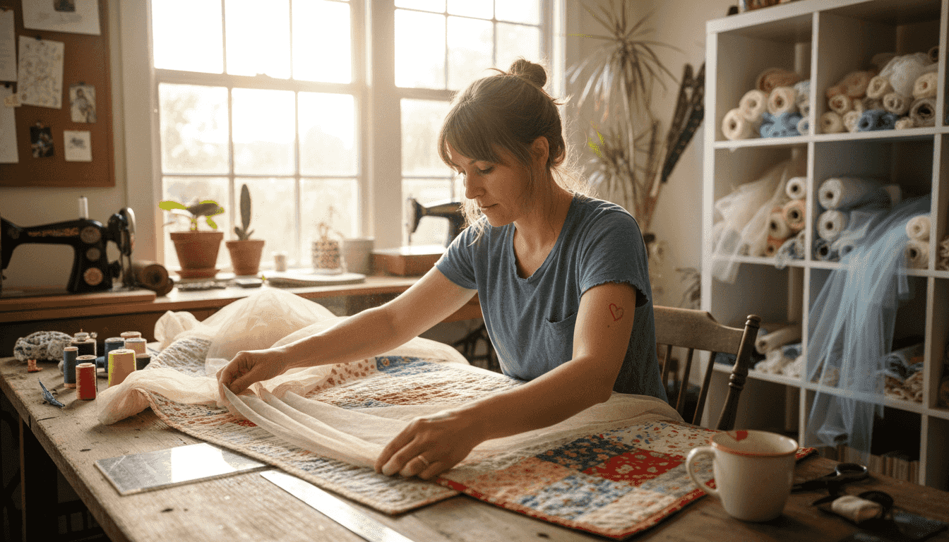 Crafter working with sheer fabric materials