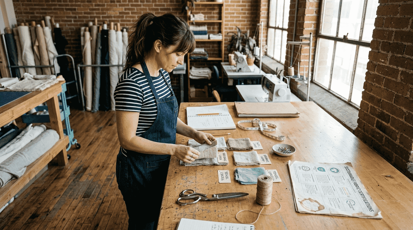 Designer examining eco-friendly fabric samples