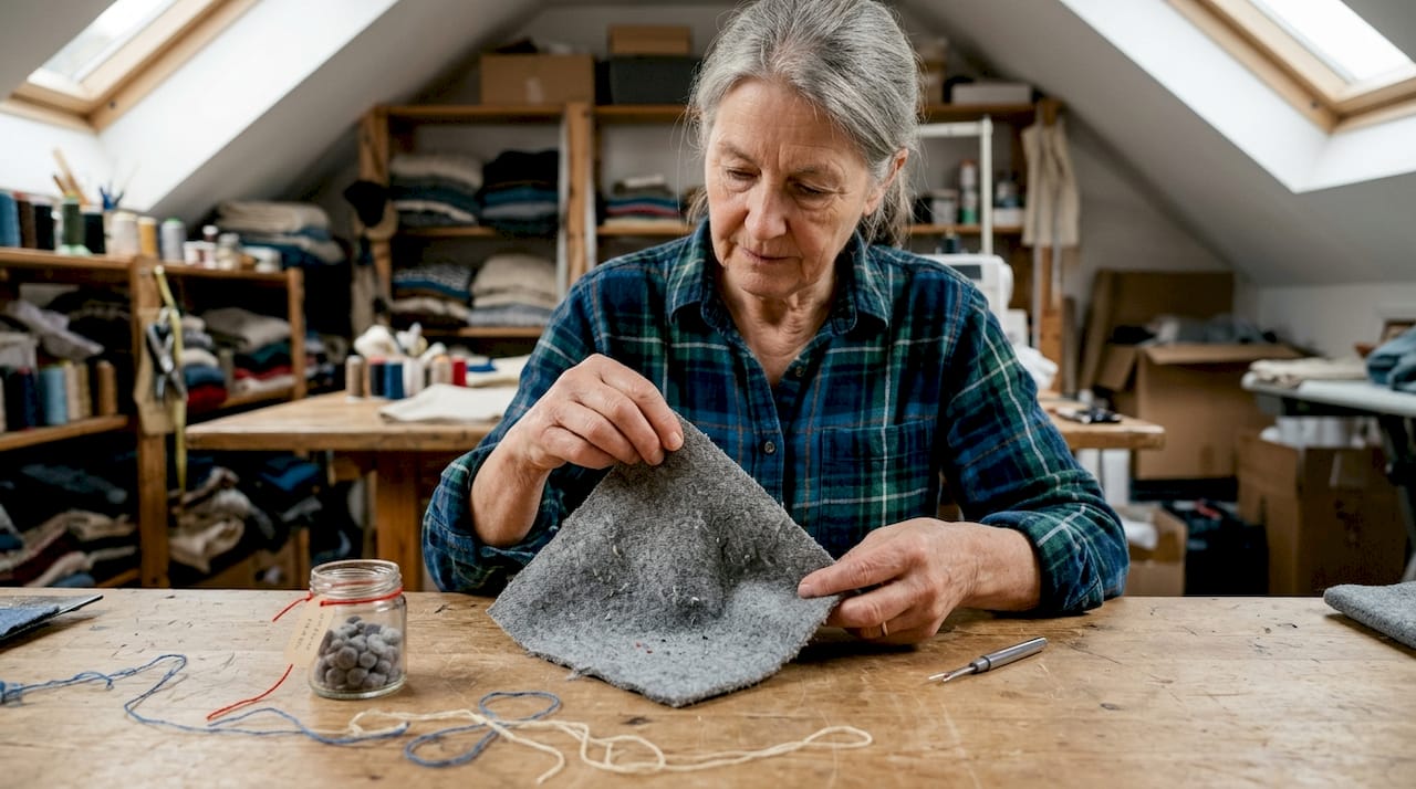 Crafter inspecting fabric pilling closeup