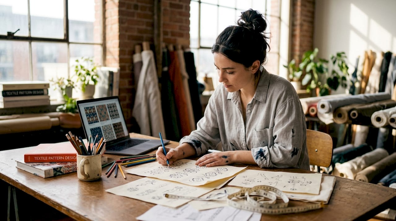 Designer sketching textile patterns in bright studio