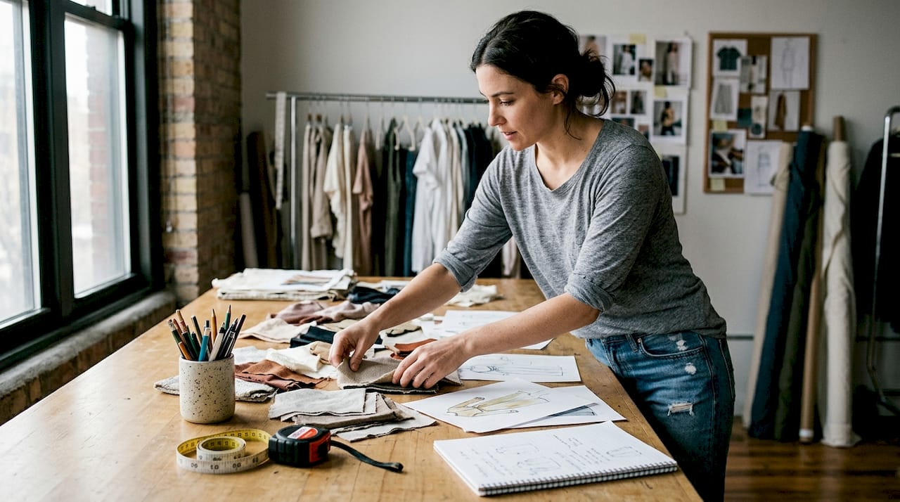 Designer sorting fabric swatches in studio