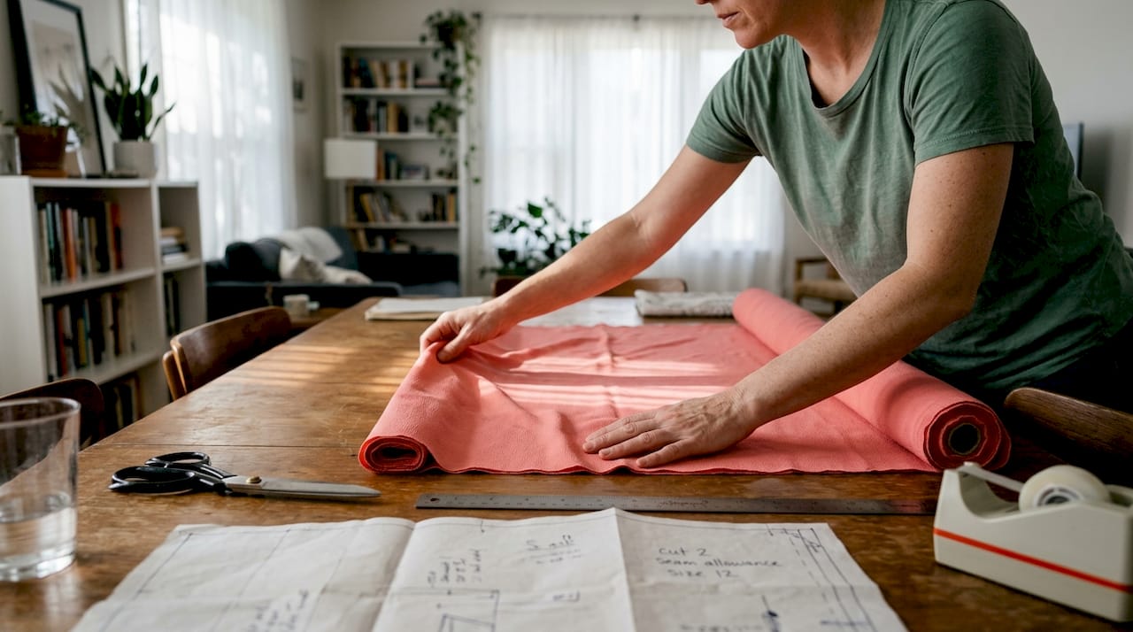 Crafter preparing crepe fabric on worktable