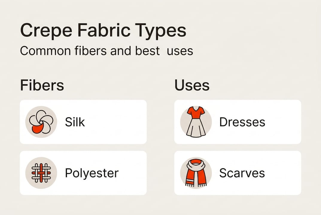 Infographic showing crepe fabric types fibers uses