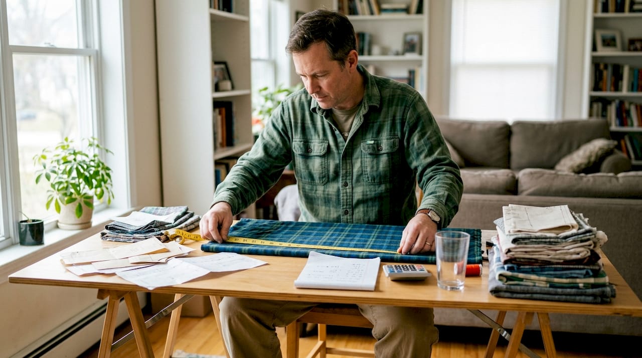 Man measures fabric for sewing project
