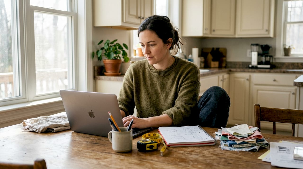 Woman orders fabric at kitchen table
