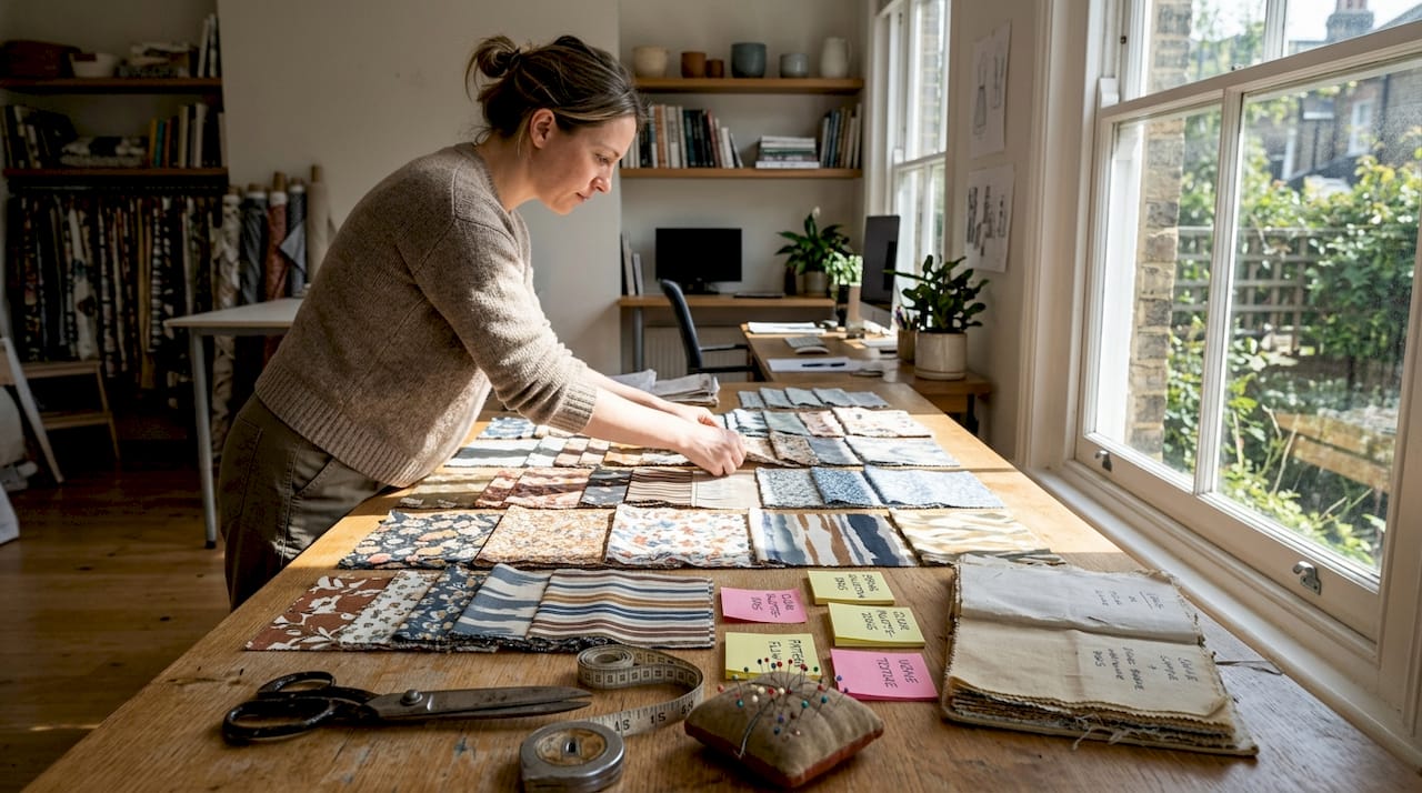Designer arranging patterned fabric swatches