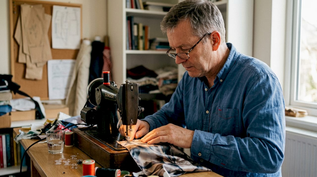 Person sewing bias cut fabric at home