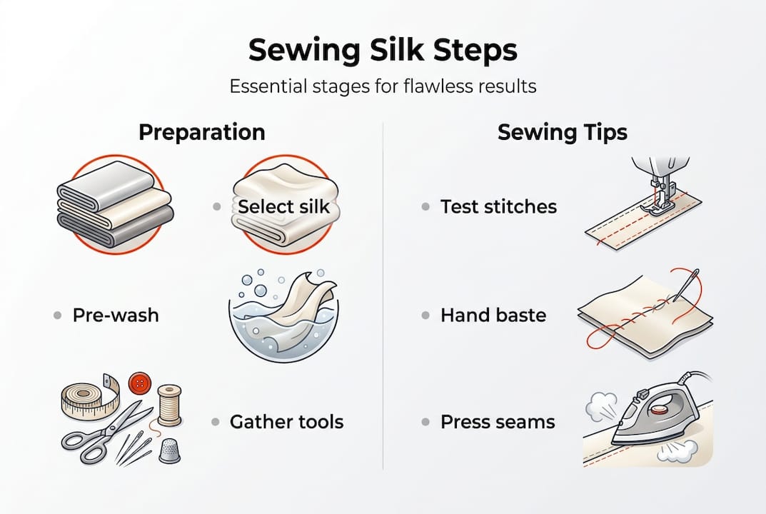 Infographic outlining key silk sewing steps