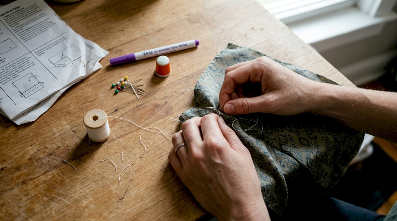 Hands hand-basting silk fabric on kitchen counter