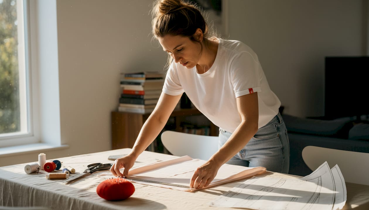 Woman preparing silk fabric at dining table