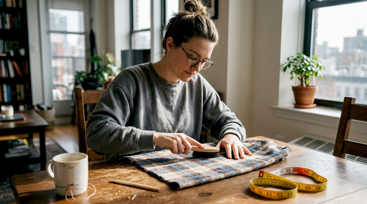 Woman feeling napped fabric in apartment