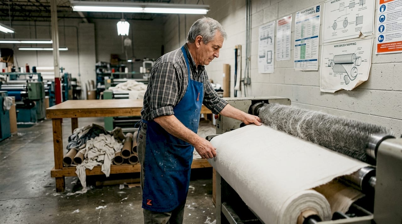Worker raising nap on cotton fabric