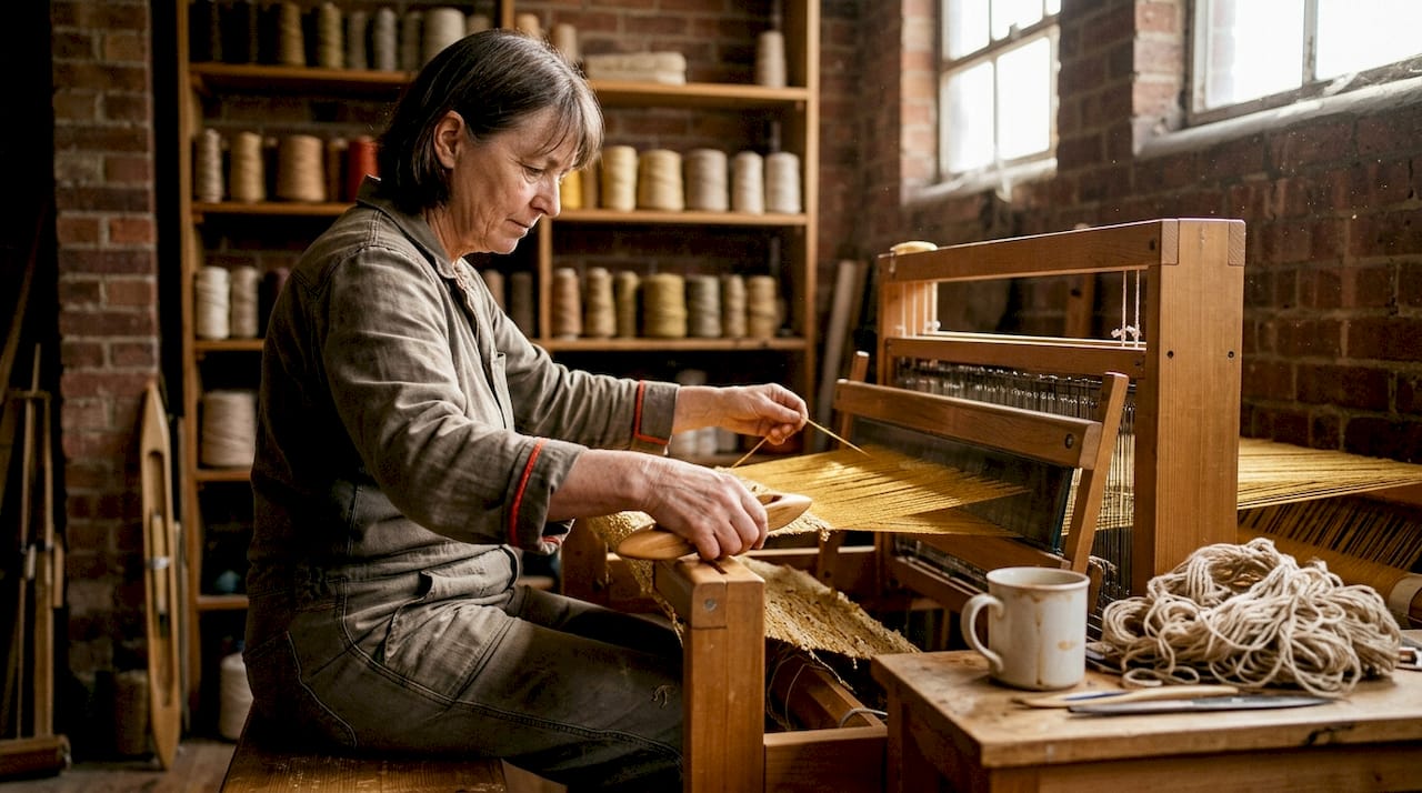 Artisan weaving dupioni silk at traditional loom