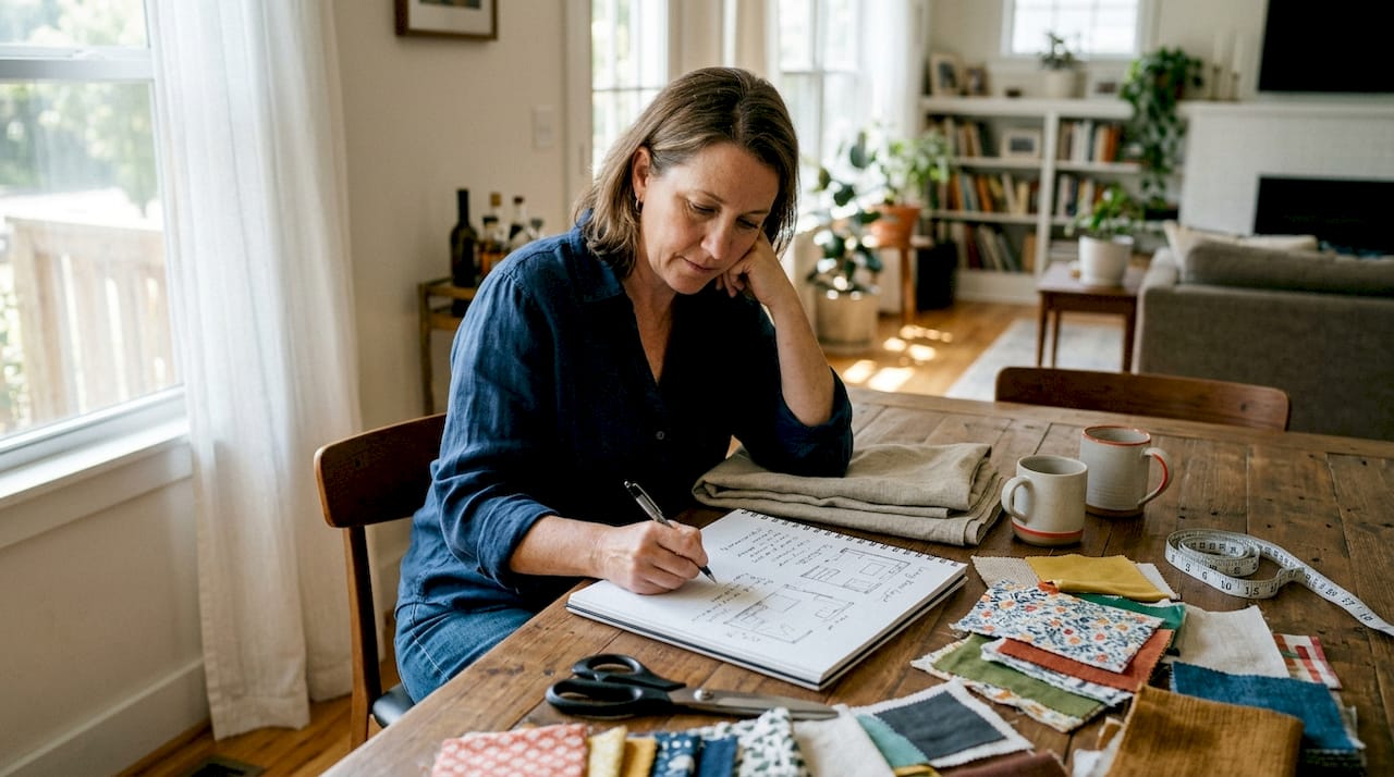 Woman reviews home decor fabric samples