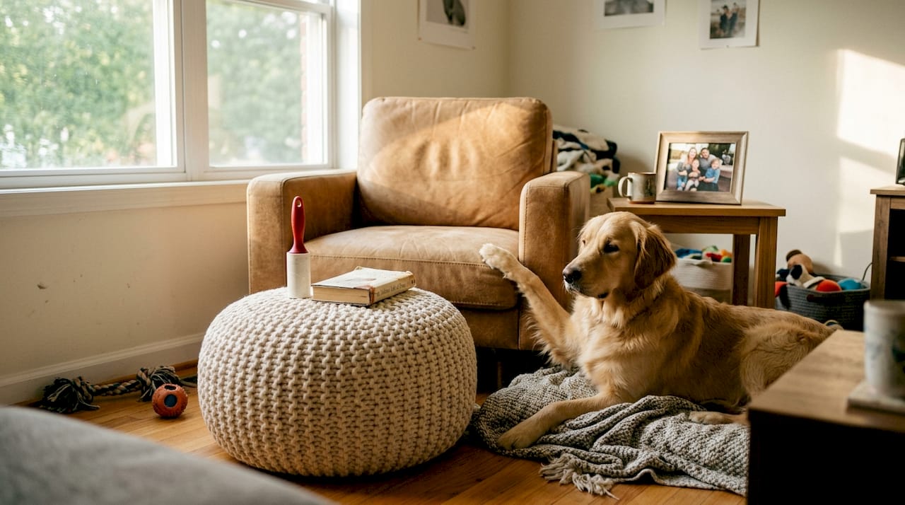 Dog with faux leather and acrylic fabrics