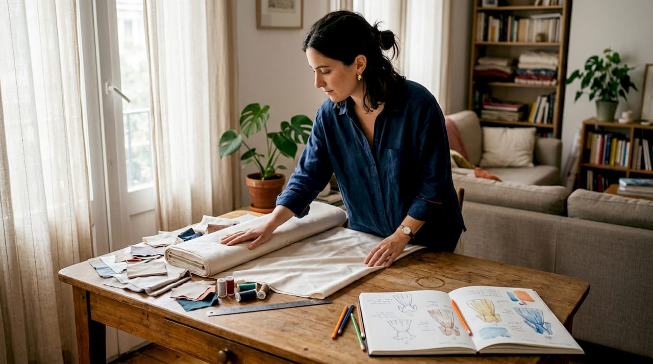 Designer examining sateen fabric at sewing table