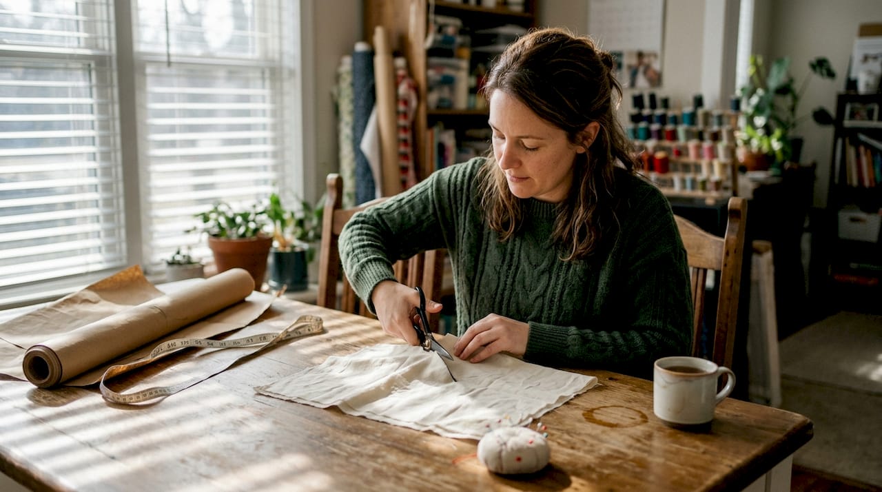 Crafter cutting muslin fabric in workspace