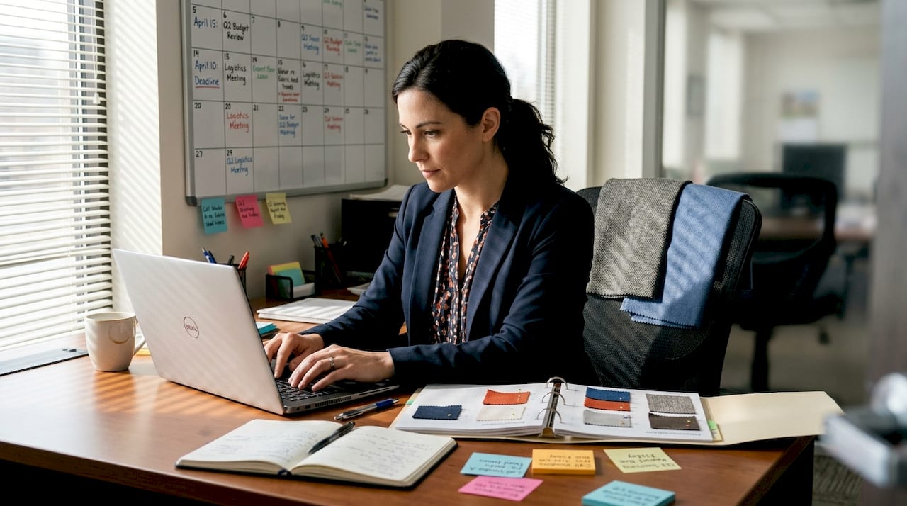 Procurement manager at desk with fabric swatches