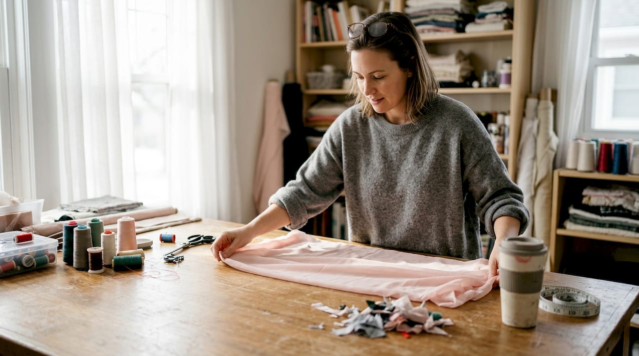 Chiffon fabric being prepared in sewing studio
