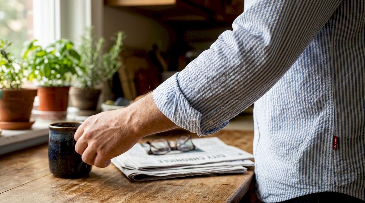 Seersucker shirt texture visible on arm