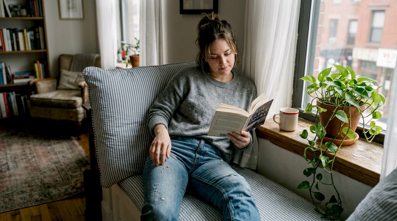 Person holding book near seersucker cushion