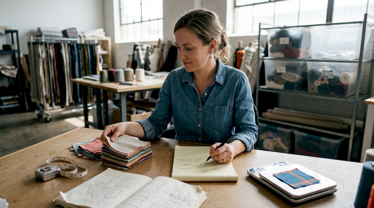 Designer measuring fabric GSM in studio